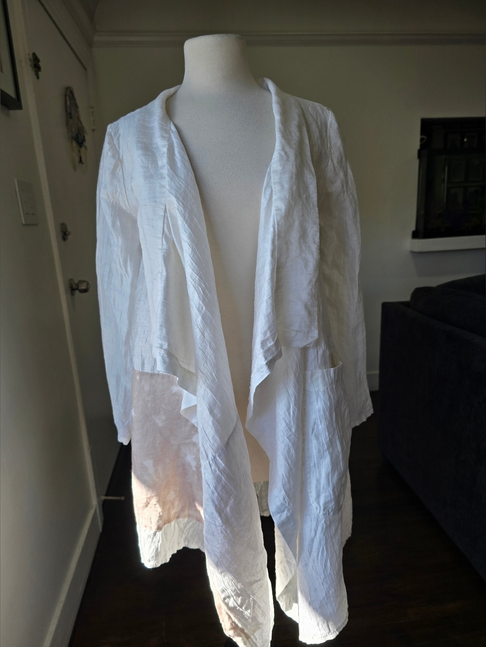 Igor White Linen Blend Kimono Draped Waterfall Front. Elegant, Minimalist